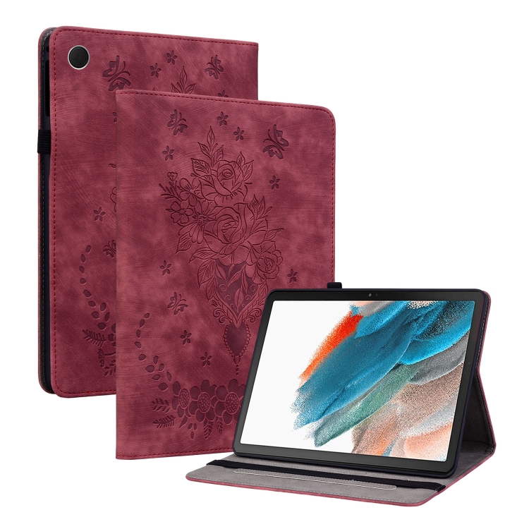 

For Samsung Galaxy Tab A8 10.5 2021 X205 Butterfly Rose Embossed Leather Smart Tablet Case(Red)