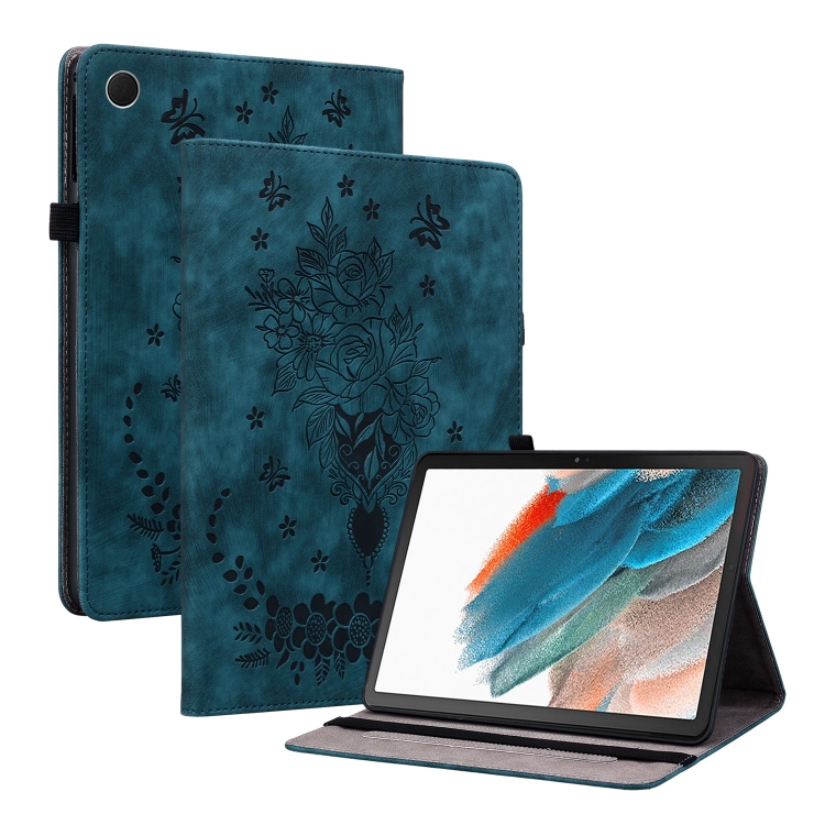 

For Samsung Galaxy Tab A8 10.5 2021 X205 Butterfly Rose Embossed Leather Smart Tablet Case(Dark Blue)