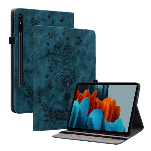 

For Samsung Galaxy Tab S7 / S8 Butterfly Rose Embossed Leather Tablet Case(Dark Blue)