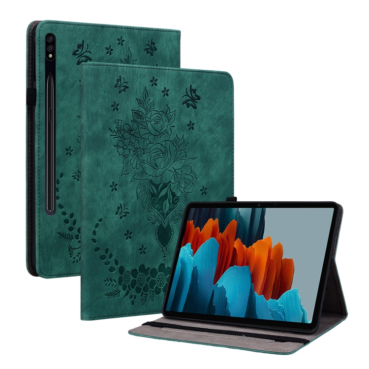 

For Samsung Galaxy Tab S8+ / S7+ / S7 FE Butterfly Rose Embossed Leather Tablet Case(Green)