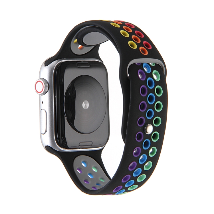 

For Apple Watch Series 9&8&7 41mm / SE 3&SE 2&6&SE&5&4 40mm / 3&2&1 38mm Rainbow Sport Watch Band (Black)