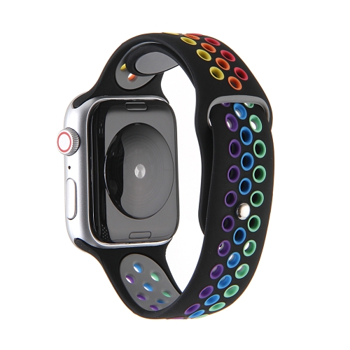 

For Apple Watch Ultra 49mm&Watch Ultra 2 49mm / Series 9&8&7 45mm / SE 3&SE 2&6&SE&5&4 44mm / 3&2&1 42mm Rainbow Sport Watch Band (Black)