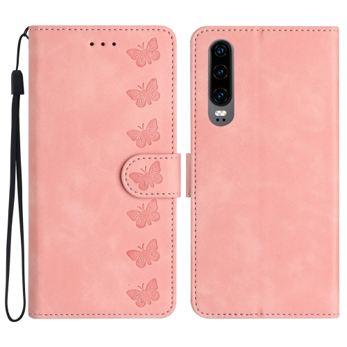 

For Huawei P30 Seven Butterflies Embossed Leather Phone Case(Pink)