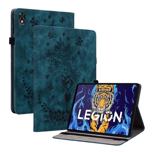 

For Lenovo Legion Y700 Butterfly Rose Embossed Leather Tablet Case(Dark Blue)