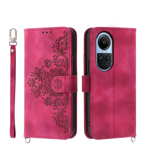 

For OPPO Reno10 Global / Reno10 Pro Global Skin-feel Flowers Embossed Wallet Leather Phone Case(Wine Red)