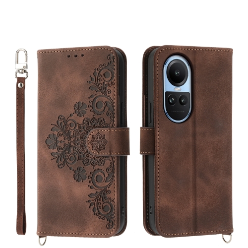 

For OPPO Reno10 Global / Reno10 Pro Global Skin-feel Flowers Embossed Wallet Leather Phone Case(Brown)