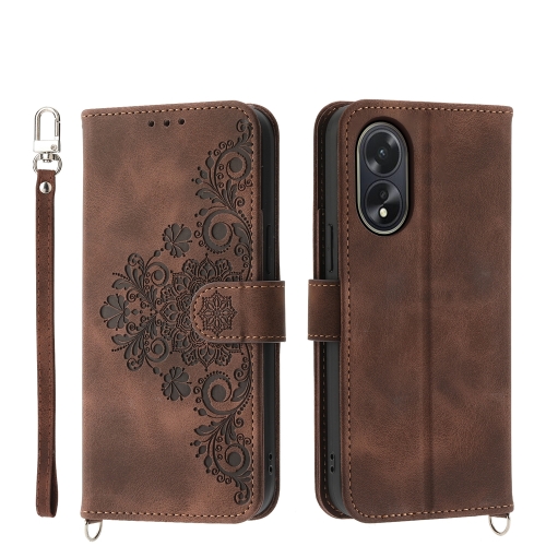 

For OPPO A38 4G Skin-feel Flowers Embossed Wallet Leather Phone Case(Brown)