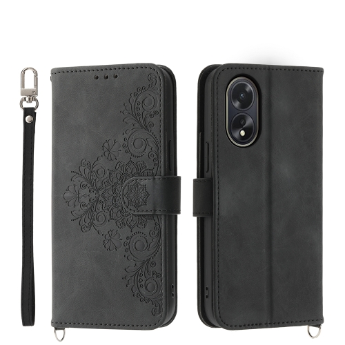

For OPPO A38 4G Skin-feel Flowers Embossed Wallet Leather Phone Case(Black)