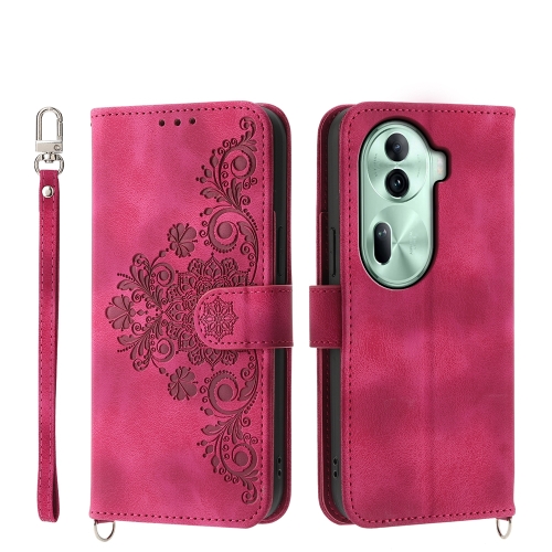 

For OPPO Reno11 Skin-feel Flowers Embossed Wallet Leather Phone Case(Wine Red)