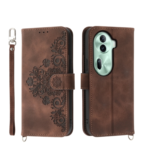 

For OPPO Reno11 Skin-feel Flowers Embossed Wallet Leather Phone Case(Brown)