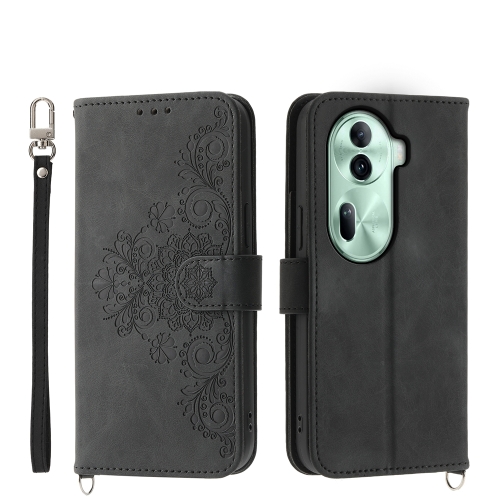 

For OPPO Reno11 Skin-feel Flowers Embossed Wallet Leather Phone Case(Black)