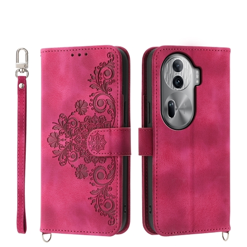 

For OPPO Reno11 Pro Skin-feel Flowers Embossed Wallet Leather Phone Case(Wine Red)
