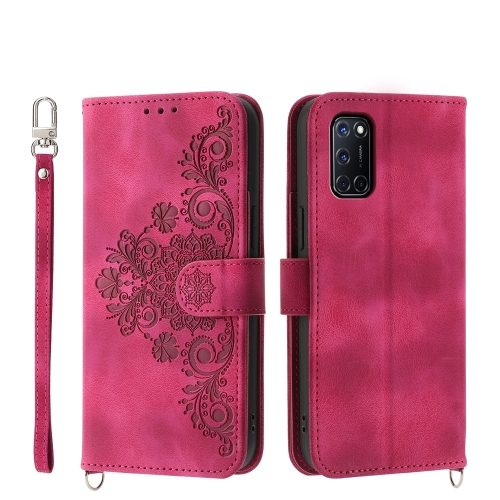 

For OPPO A52 Skin-feel Flowers Embossed Wallet Leather Phone Case(Wine Red)