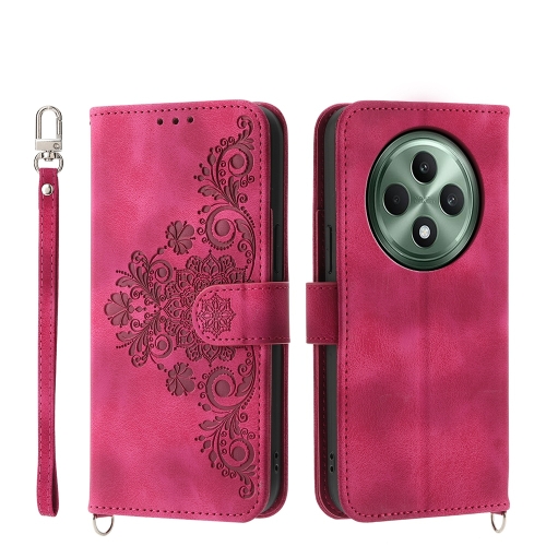 

For OPPO Reno12 F 4G / 5G / F27 India Skin Feel Flowers Embossed Wallet Leather Phone Case(Wine Red)