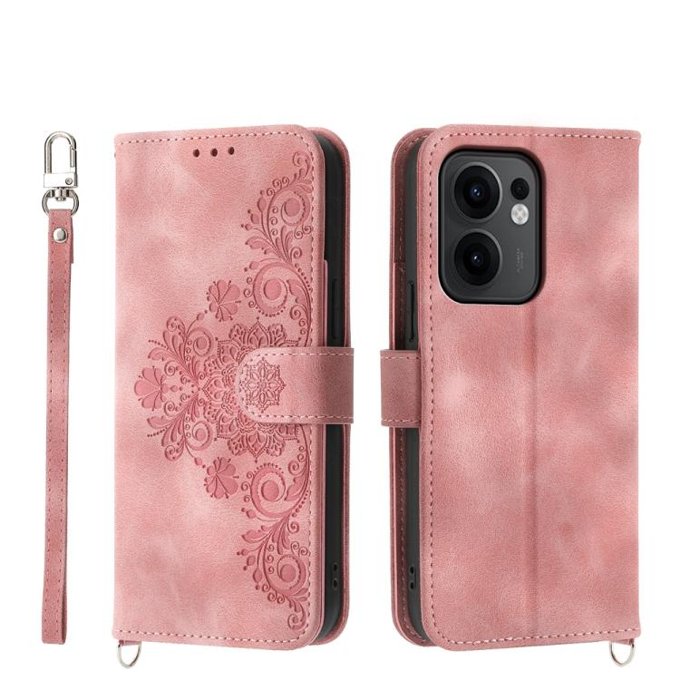 

For OPPO Reno13 F 4G / 5G Skin Feel Flowers Embossed Wallet Leather Phone Case(Pink)