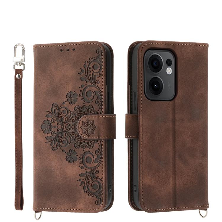 

For OPPO Reno13 F 4G / 5G Skin Feel Flowers Embossed Wallet Leather Phone Case(Brown)