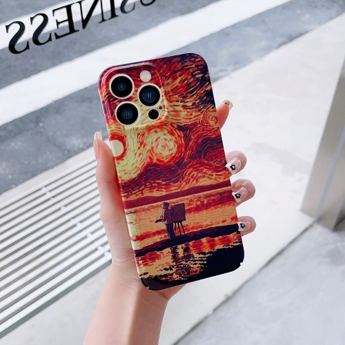 

For iPhone 13 Pro Precise Hole Oil Painting Pattern PC Phone Case(Sunset)