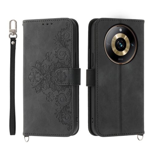 

For Realme 11 Pro 5G/11 Pro+ 5G Skin-feel Flowers Embossed Wallet Leather Phone Case(Black)