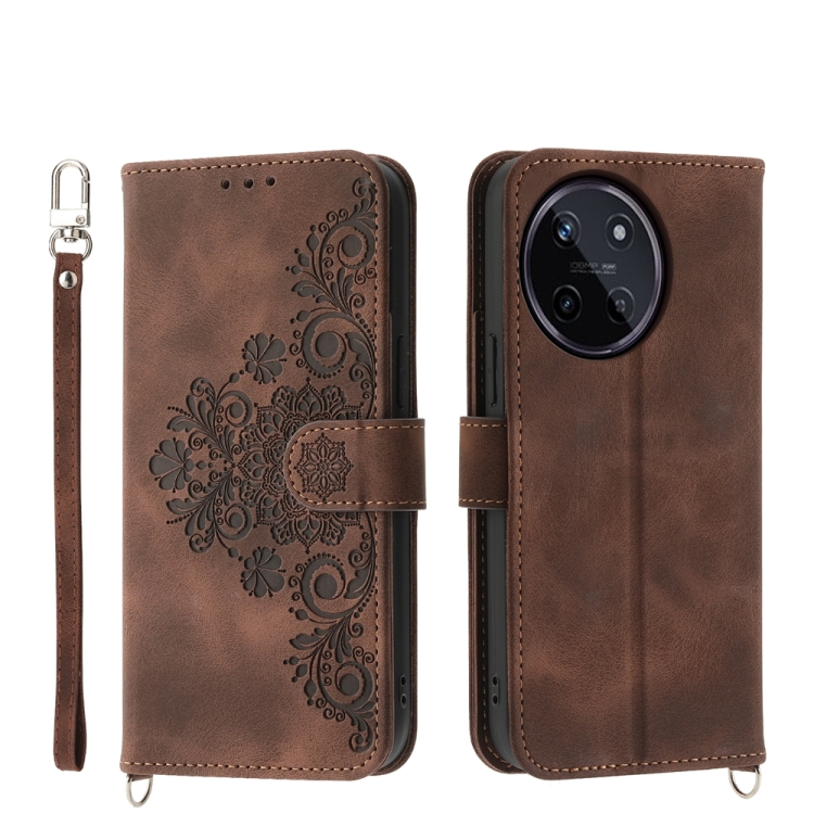 

For Realme 11 4G Skin-feel Flowers Embossed Wallet Leather Phone Case(Brown)