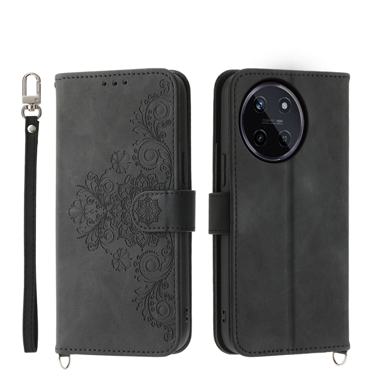 

For Realme 11 4G Skin-feel Flowers Embossed Wallet Leather Phone Case(Black)