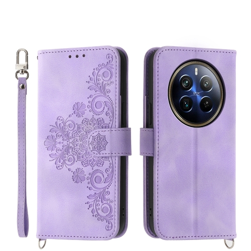 

For Realme 12 Pro+ Skin-feel Flowers Embossed Wallet Leather Phone Case(Purple)