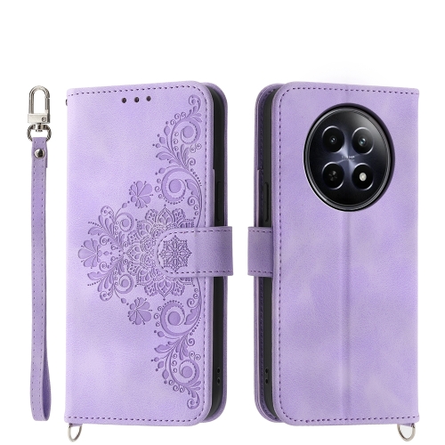 

For Realme 12 5G Skin-feel Flowers Embossed Wallet Leather Phone Case(Purple)