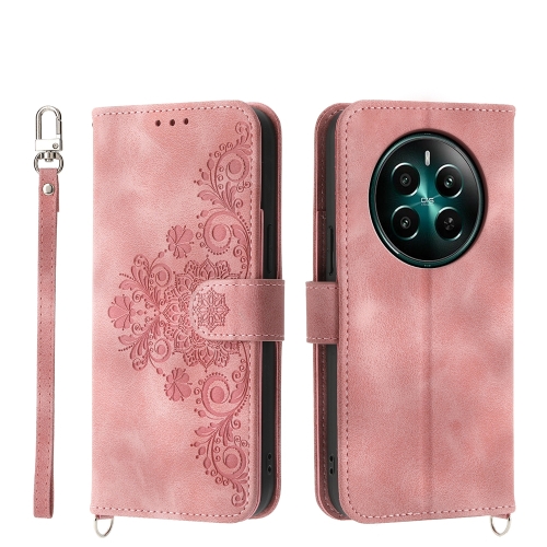 

For Realme 12+ Skin-feel Flowers Embossed Wallet Leather Phone Case(Pink)