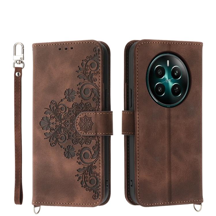 

For Realme 12+ Skin-feel Flowers Embossed Wallet Leather Phone Case(Brown)