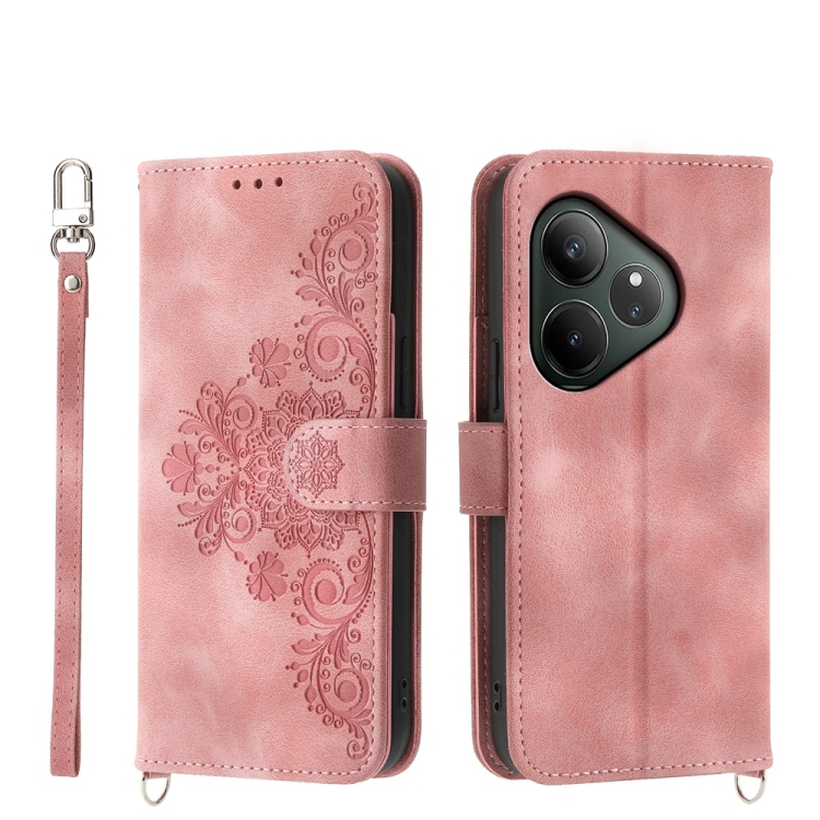 

For Realme GT 6 Global Skin-feel Flowers Embossed Wallet Leather Phone Case(Pink)