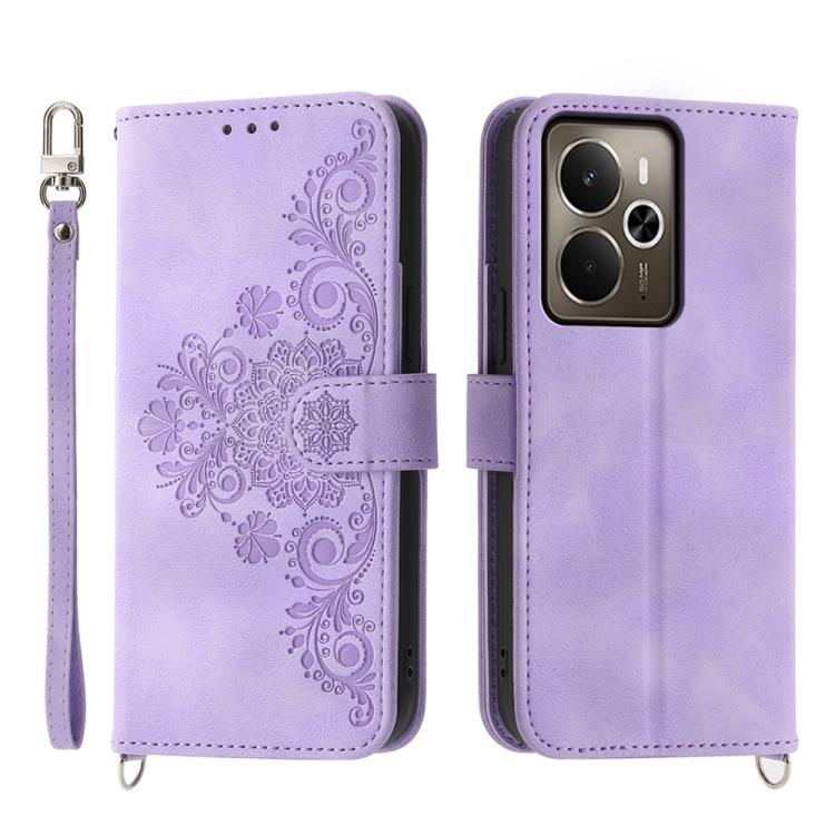 

For Realme 14 / Realme P3 5G Skin-feel Flowers Embossed Wallet Leather Phone Case(Purple)