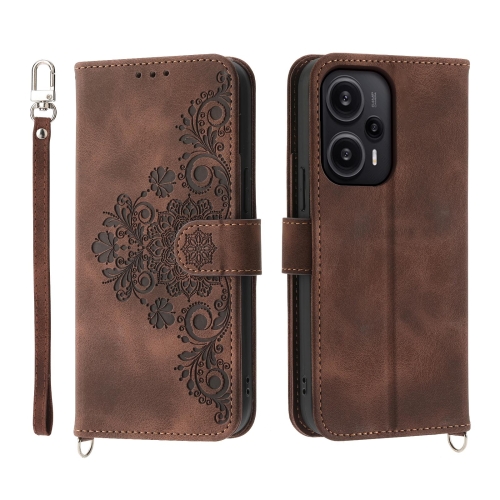 

For Xiaomi Redmi Note 12 Turbo 5G/Poco F5 Skin-feel Flowers Embossed Wallet Leather Phone Case(Brown)