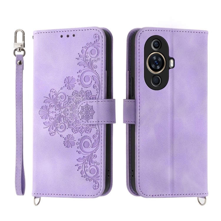 

For Huawei nova 11 Skin-feel Flowers Embossed Wallet Leather Phone Case(Purple)