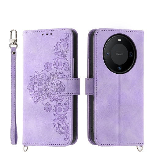

For Huawei Mate 60 Skin-feel Flowers Embossed Wallet Leather Phone Case(Purple)