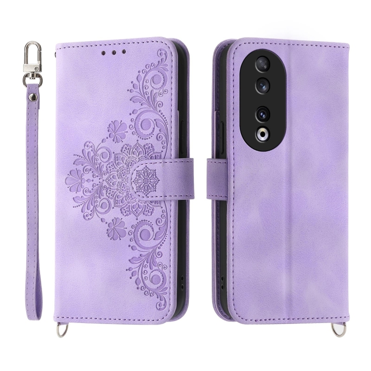 

For Honor 90 5G Skin-feel Flowers Embossed Wallet Leather Phone Case(Purple)