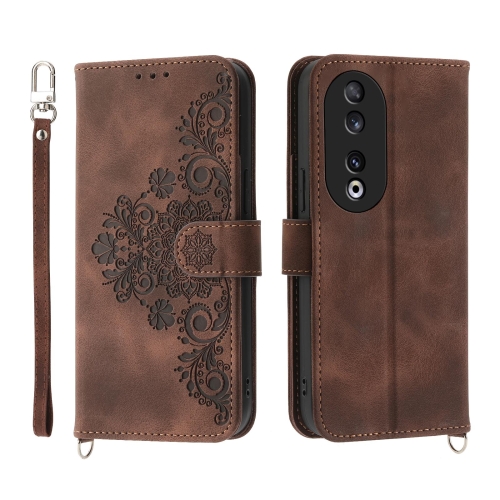 

For Honor 90 5G Skin-feel Flowers Embossed Wallet Leather Phone Case(Brown)