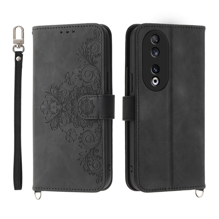 

For Honor 90 5G Skin-feel Flowers Embossed Wallet Leather Phone Case(Black)