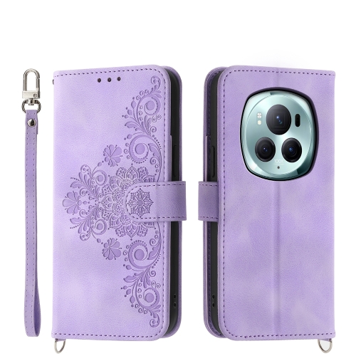 

For Honor Magic6 Pro Skin-feel Flowers Embossed Wallet Leather Phone Case(Purple)