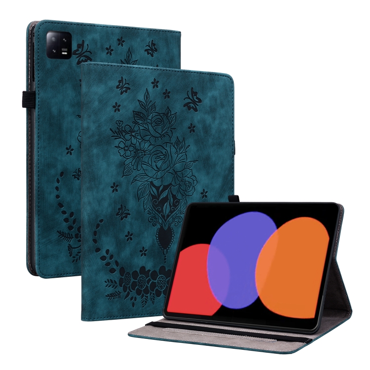 

For Xiaomi Pad 6 11.2 2023 Butterfly Rose Embossed Leather Tablet Case(Dark Blue)