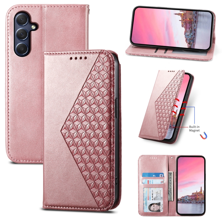 

For Samsung Galaxy M54 5G Cubic Grid Calf Texture Magnetic Leather Phone Case(Rose Gold)