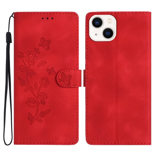

For iPhone 14 Flower Butterfly Embossing Pattern Leather Phone Case(Red)