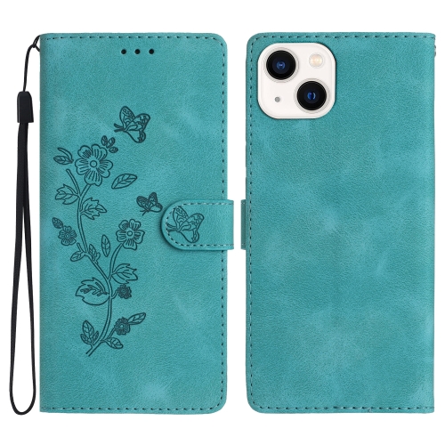 

For iPhone 14 Flower Butterfly Embossing Pattern Leather Phone Case(Sky Blue)