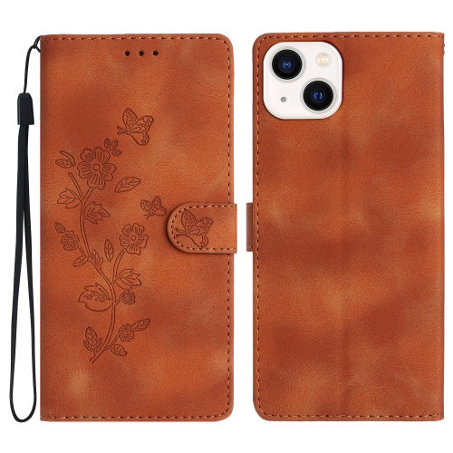 

For iPhone 14 Plus Flower Embossing Pattern Leather Phone Case(Brown)