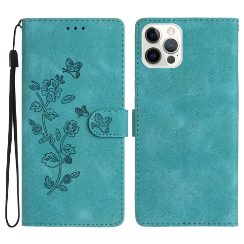 

For iPhone 14 Pro Max Flower Butterfly Embossing Pattern Leather Phone Case(Sky Blue)