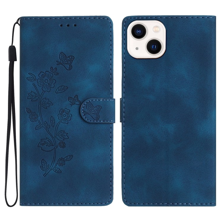 

For iPhone 13 Flower Butterfly Embossing Pattern Leather Phone Case(Blue)