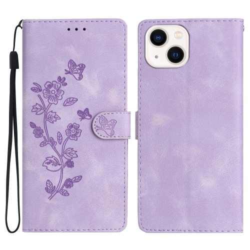 For iPhone 13 Flower Butterfly Embossing Pattern Leather Phone Case(Purple)