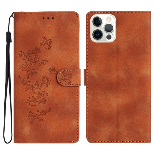 For iPhone 13 Pro Flower Butterfly Embossing Pattern Leather Phone Case(Brown)