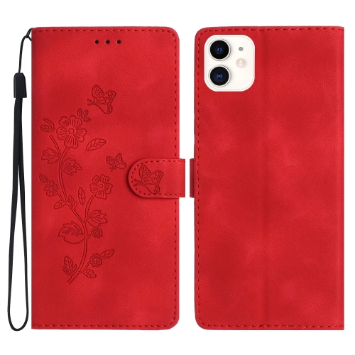 

For iPhone 12 mini Flower Butterfly Embossing Pattern Leather Phone Case(Red)