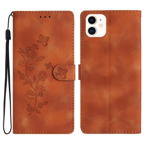 

For iPhone 12 mini Flower Butterfly Embossing Pattern Leather Phone Case(Brown)