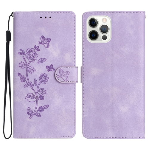 

For iPhone 12 / 12 Pro Flower Butterfly Embossing Pattern Leather Phone Case(Purple)