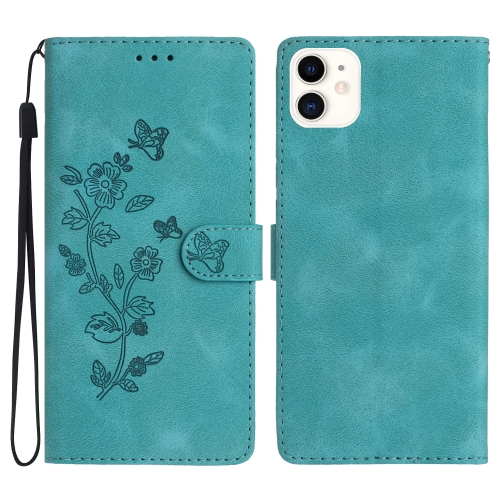 For iPhone 11 Flower Butterfly Embossing Pattern Leather Phone Case(Sky Blue)